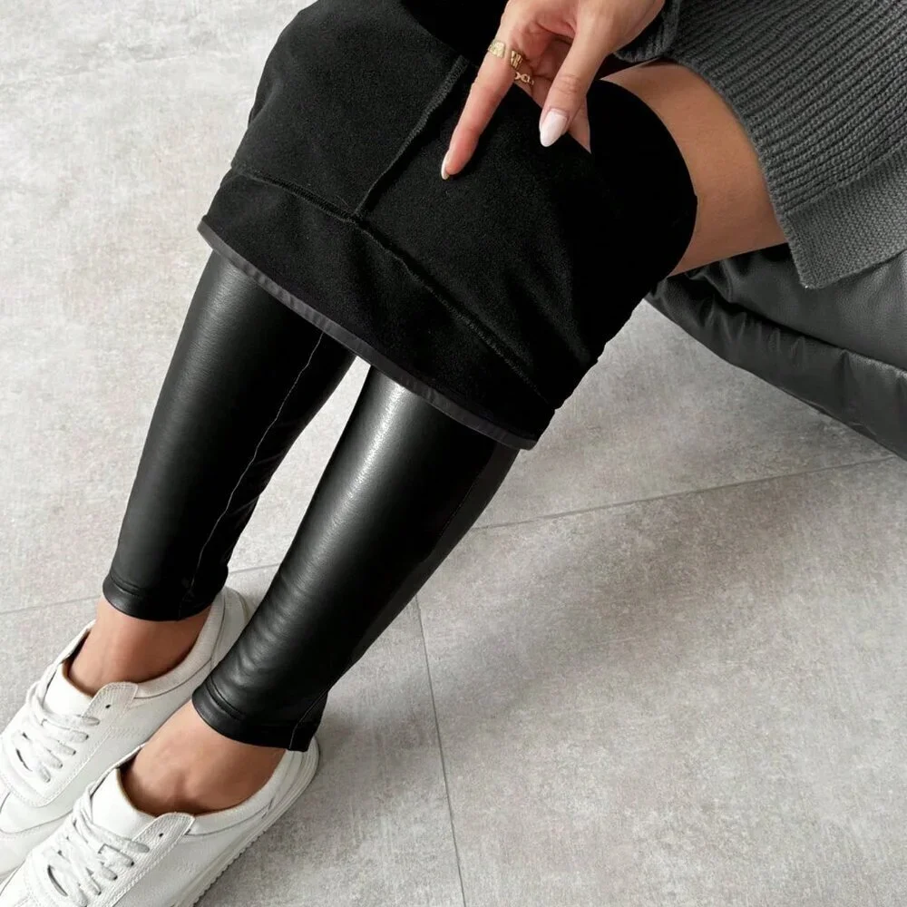 Black Casual Women's Thermal Lined Stretchy Footless faux leather Leggings